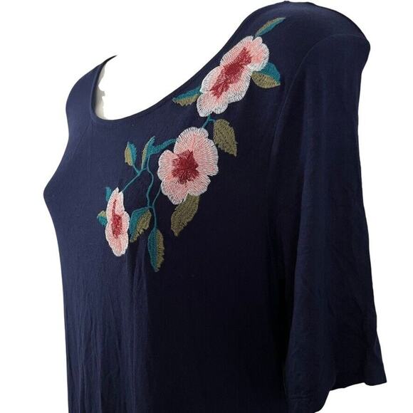 Nina Leonard Womens Embroidered Navy Blue Jersey Knit Short Sleeve Dress sz L - Picture 10 of 16